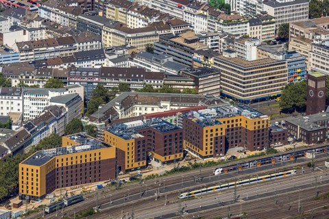 Aerial view, construction site and new hotel buildings for Adina Apartment Hotel, Hampton by Hilton