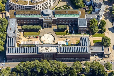 Aerial view, Ehrenhof with art museum and Kunstpalast in the district Pempelfort in Düsseldorf,