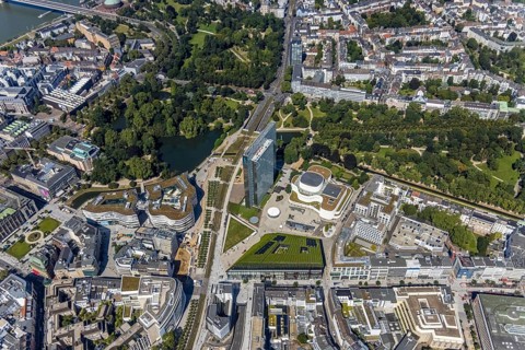 Aerial view, Dreischeibenhaus and Düsseldorfer Schauspielhaus as well as Kö Bogen II with hornbeam