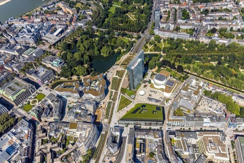 Aerial view, Dreischeibenhaus and Düsseldorfer Schauspielhaus as well as Kö Bogen II with hornbeam