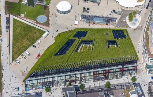 Aerial view, new construction of the Kö Bogen II business centre with hornbeam growth at