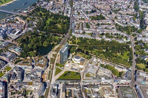 Aerial view, Dreischeibenhaus and Düsseldorfer Schauspielhaus as well as Kö Bogen II with hornbeam