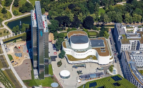 Aerial view, Dreischeibenhaus and Düsseldorfer Schauspielhaus in city centre, Düsseldorf,