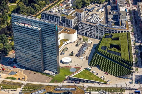 Aerial view, Dreischeibenhaus and Düsseldorfer Schauspielhaus as well as Kö Bogen II with hornbeam