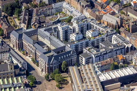 Aerial view, Andreas Quartier Hyatt House Hotel in the Old Town in Düsseldorf, Rhineland, North