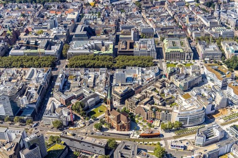 Aerial view, Düsseldorf Kö Königsallee shopping district and St. John's Church with