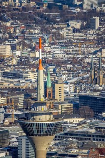 Aerial view, Rhine Tower in the Media Harbour, St. John's Church in the background, harbour,