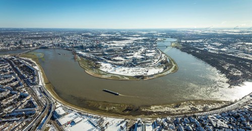 Aerial view, Rhine bend at the harbour, Lausward power station, harbour, Düsseldorf, Rhineland,