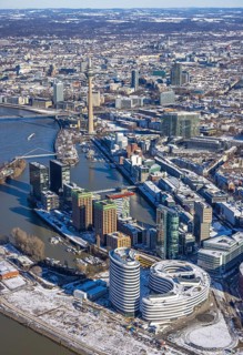Aerial view, media harbour with Rhine Tower, harbour, Düsseldorf, Rhineland, North