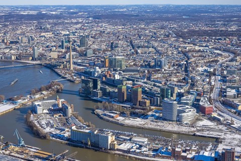 Aerial view, media harbour with Rhine Tower, harbour, Düsseldorf, Rhineland, North