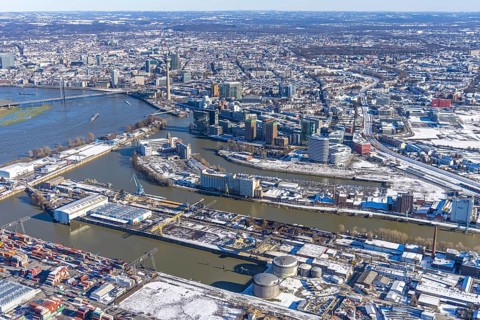 Aerial view, media harbour with Rhine Tower, harbour, Düsseldorf, Rhineland, North