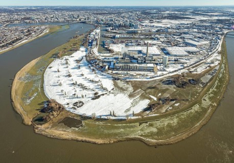Aerial view, Rhine bend at the harbour, Lausward power station, harbour, Düsseldorf, Rhineland,