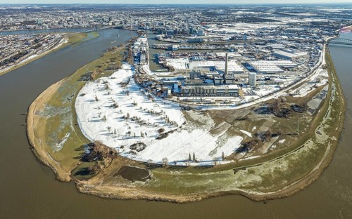 Aerial view, Rhine bend at the harbour, Lausward power station, harbour, Düsseldorf, Rhineland,