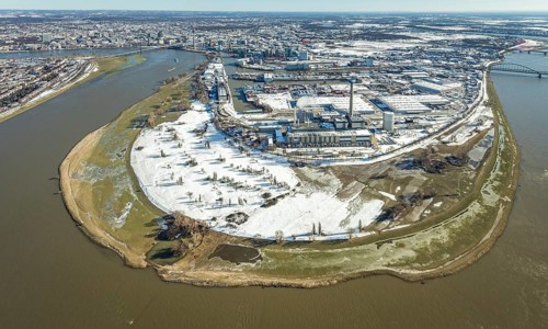 Aerial view, Rhine bend at the harbour, Lausward power station, harbour, Düsseldorf, Rhineland,