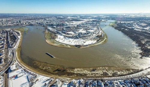 Aerial view, Rhine bend at the harbour, Lausward power station, harbour, Düsseldorf, Rhineland,
