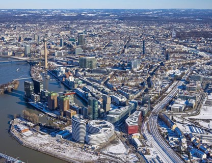 Aerial view, media harbour with Rhine Tower, harbour, Düsseldorf, Rhineland, North