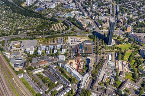 Aerial view, construction site and new UpperNord Tower on Mercedesstraße and ARAG high-rise