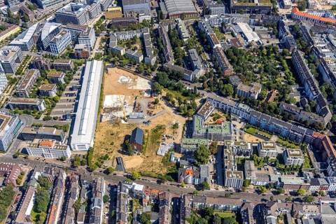 Aerial view, construction site Ulmer Höh and new construction city quarter maxfrei in the district