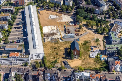 Aerial view, construction site Ulmer Höh and new construction city quarter maxfrei in the district