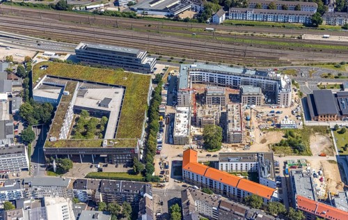 Aerial view, construction site and new building at the campus of the Düsseldorf University of