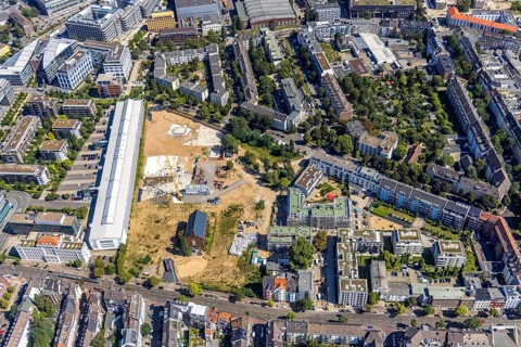 Aerial view, construction site Ulmer Höh and new construction city quarter maxfrei in the district