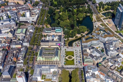 Aerial view, commercial buildings Galeria Kaufhof, Steigenberger Hotel and Deutsche Oper am Rhein