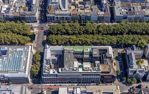 Aerial view, Deutsche Bank on Königsallee in the city centre of Düsseldorf, Rhineland, North