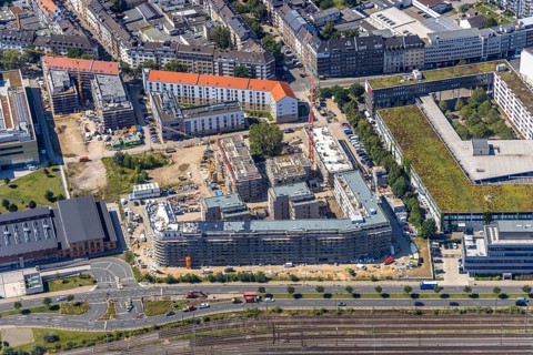 Aerial view, construction site and new building at the campus of the Düsseldorf University of