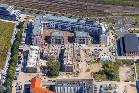 Aerial view, construction site and new building at the campus of the Düsseldorf University of