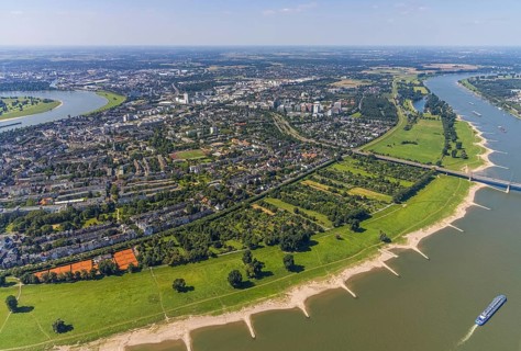 Aerial view, river Rhine Rheinaue and district Niederkassel, Düsseldorf, Rhineland, North