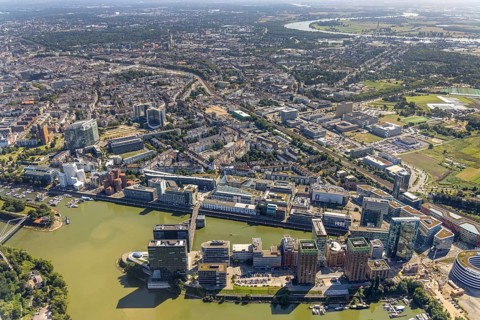 Aerial view, Medienhafen in the former Rhine harbour in Düsseldorf, Rhineland, North
