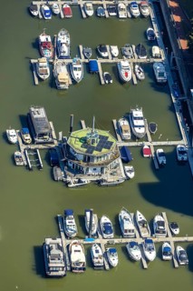 Aerial view, Marina Düsseldorf Yachthafen im Medienhafen Düsseldorf, Rhineland, North