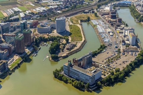 Aerial view, Plange Mühle conversion for a clinic in the media harbour in the harbour in