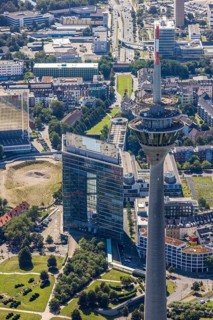 Aerial view, Media Harbour Skyline with Rhine Tower in the former Rhine Harbour in Düsseldorf,