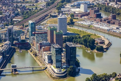 Aerial view, Media harbour skyline in the former Rhine harbour in Düsseldorf, Rhineland, North