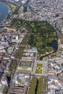 Aerial view, commercial buildings Galeria Kaufhof, Steigenberger Hotel and Deutsche Oper am Rhein