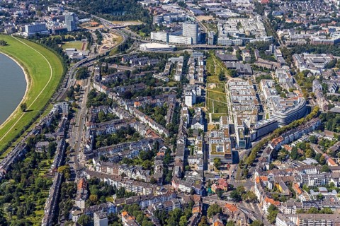 Aerial view, new residential neighbourhood Belsenpark, Ria-Thiele-Straße in Oberkassel, Düsseldorf,