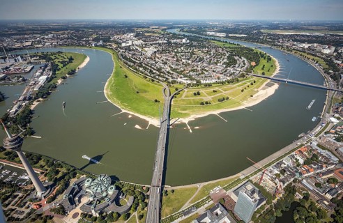 Aerial view, Rhine Tower and State Parliament of North Rhine-Westphalia on the river Rhine with