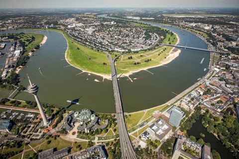 Aerial view, Rhine Tower and State Parliament of North Rhine-Westphalia on the river Rhine with