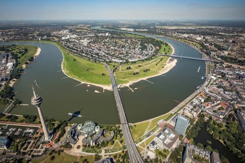 Aerial view, Rhine Tower and State Parliament of North Rhine-Westphalia on the river Rhine with