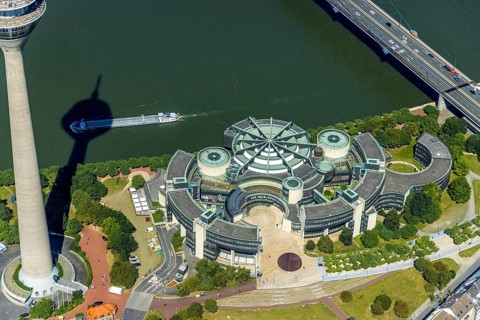 Aerial view, Rhine Tower and State Parliament of North Rhine-Westphalia at the river Rhine in the