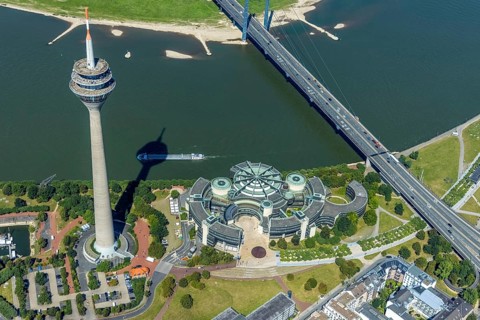 Aerial view, Rhine Tower and State Parliament of North Rhine-Westphalia with Rhine knee bridge at