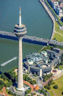 Aerial view, Rhine Tower and State Parliament of North Rhine-Westphalia at the river Rhine in the