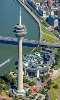 Aerial view, Rhine Tower and State Parliament of North Rhine-Westphalia at the river Rhine in the