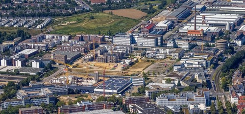 Aerial view, construction site and new building forty549 residential neighbourhood at Hansaallee