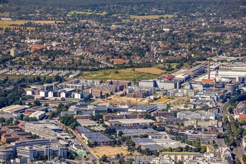 Aerial view, construction site and new building forty549 residential neighbourhood at Hansaallee
