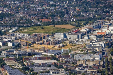 Aerial view, construction site and new building forty549 residential neighbourhood at Hansaallee