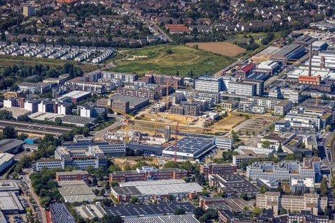 Aerial view, construction site and new building forty549 residential neighbourhood at Hansaallee
