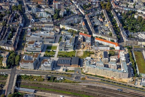 Aerial view, construction site with new building at the campus of the Düsseldorf University of
