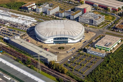 Aerial view, PSD BANK DOME event arena in the Rath district of Düsseldorf, Rhineland, North